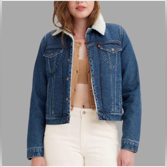 Levi's Size Medium Dark Blue Jean Jacket with White Sherpa Collar - Picture 1 of 7